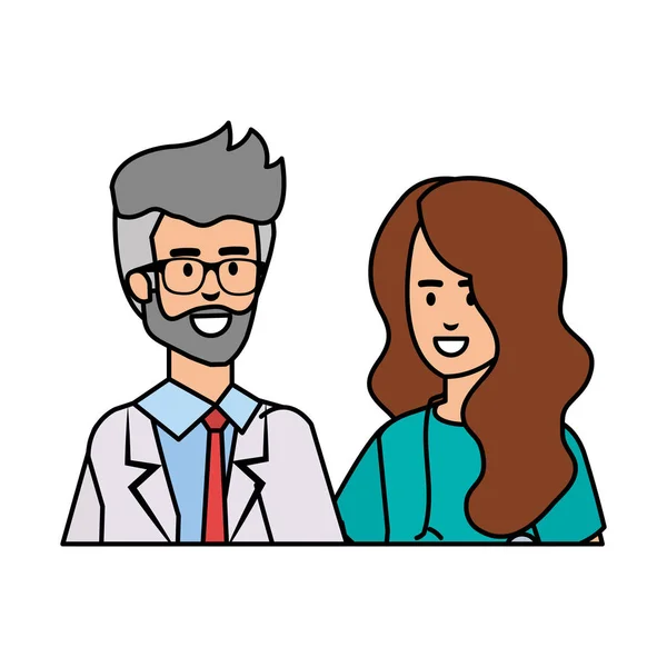 Pareja de profesionales médicos y cirujanos personajes — Vector de stock