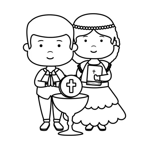 Little kids with chalice and bible first communion — Stock Vector