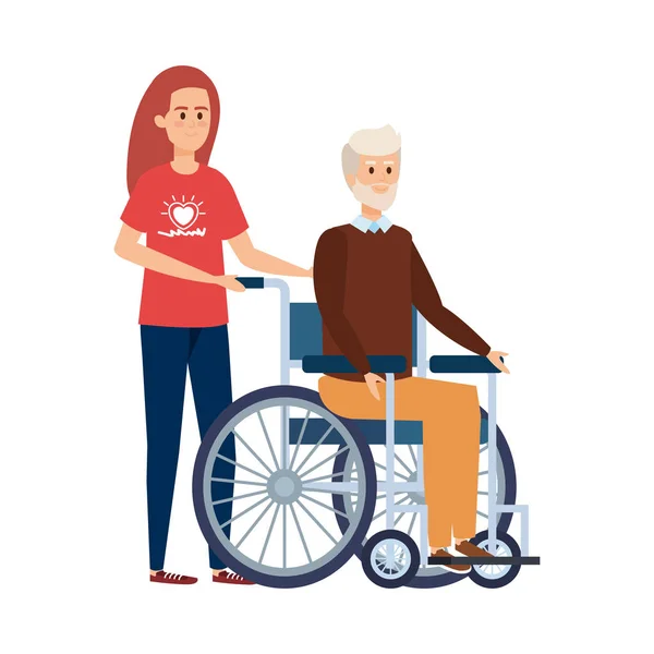 Ung kvinna volontär med gammal man i rullstol — Stock vektor