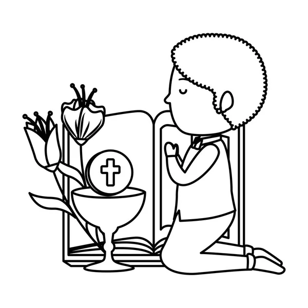 Kleiner Junge kniet mit Buch und Kelch Erstkommunion — Stockvektor