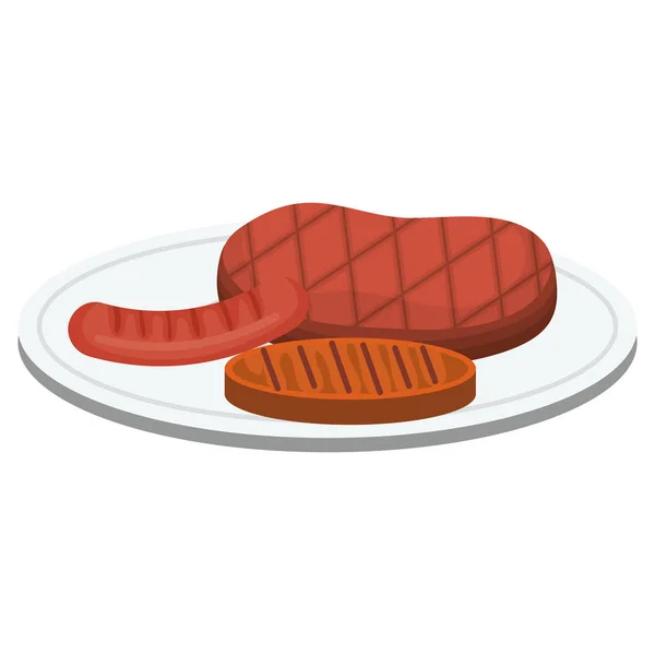 Set de carnes a la parrilla en plato — Vector de stock