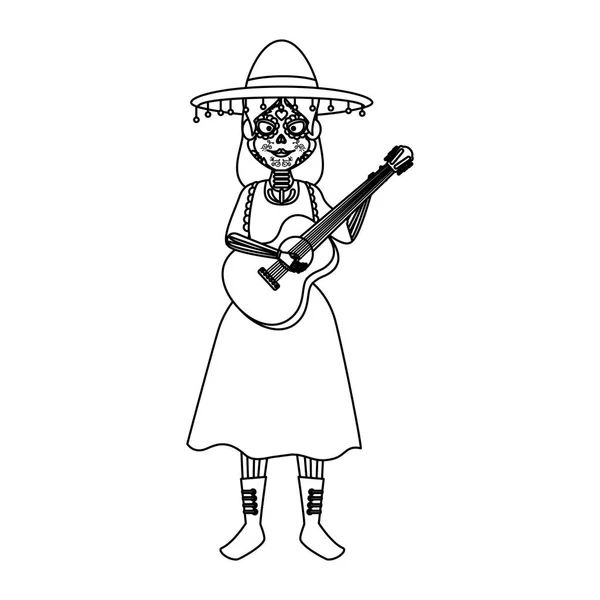 Mexica nő Catrina jelmez és gitár — Stock Vector