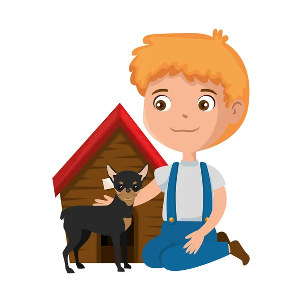 Lindo niño con perro y casa de madera — Vector de stock