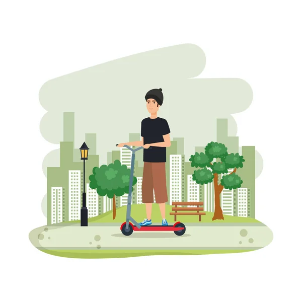 Young man in folding scooter on landscape — Stock Vector