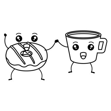 tatlı çörekler kawaii karakterleri ile kahve fincanı