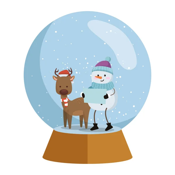 Reno lindo con personajes de Navidad muñeco de nieve — Vector de stock