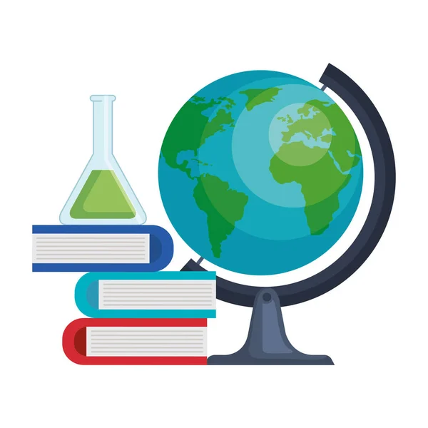 Prueba de tubo con los libros de pila y planeta del mundo — Vector de stock