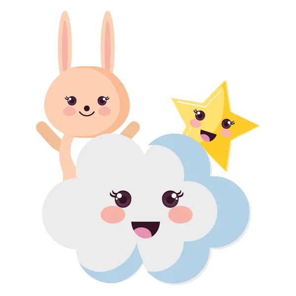 Lindo conejo con nube y estrellas kawaii caracteres — Vector de stock