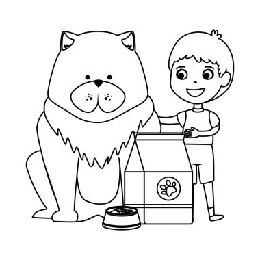 köpek ve gıda torbası ile sevimli küçük çocuk