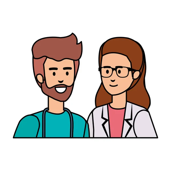 Pareja de profesionales médicos y cirujanos personajes — Vector de stock