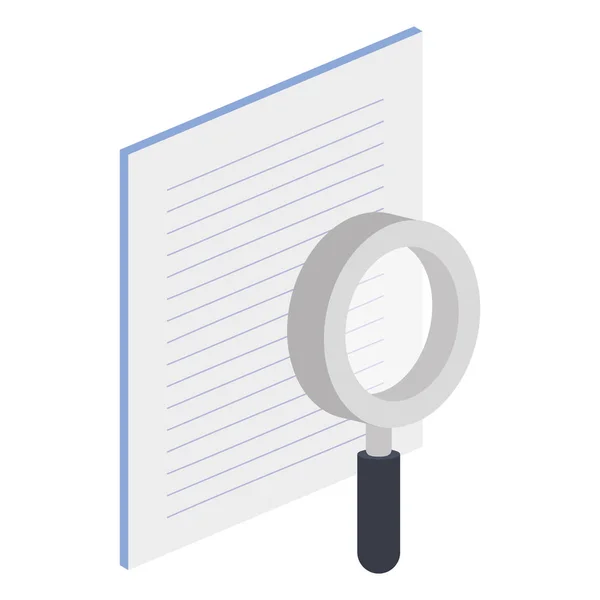 Documento en papel con icono isométrico de lupa — Vector de stock