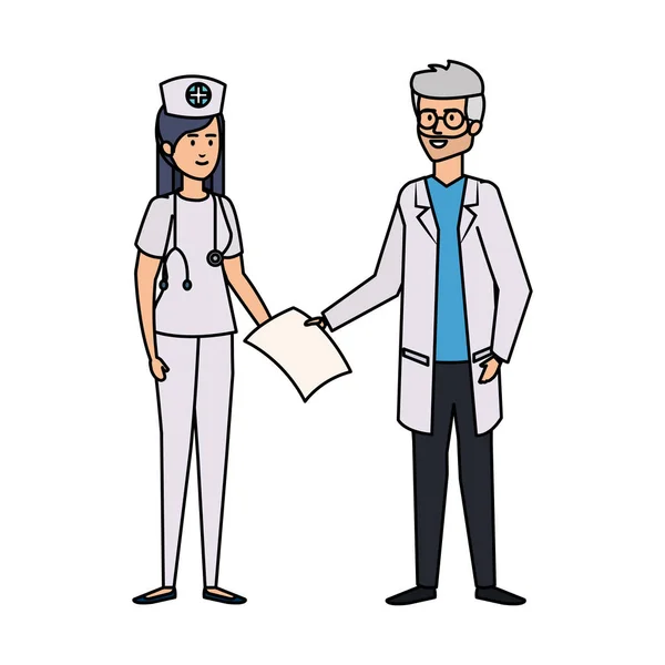 Couple of professionals doctor and nurse characters — Stock Vector
