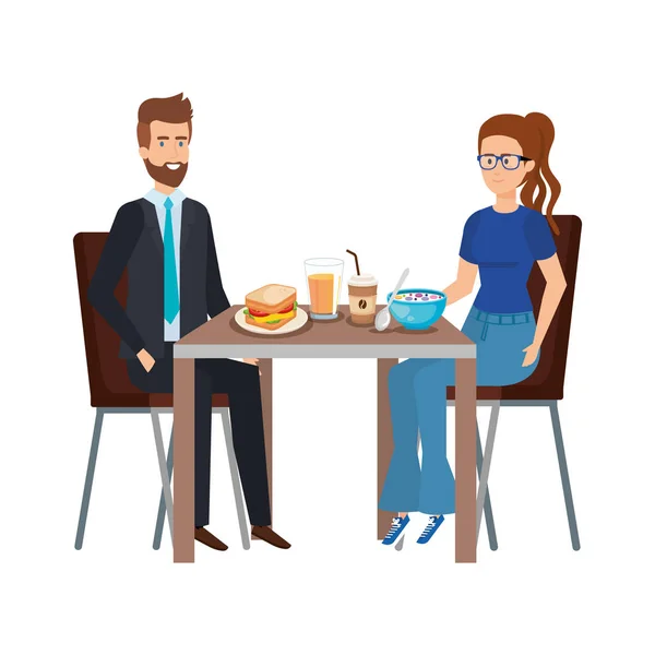 Pareja joven comiendo en personajes de mesa — Vector de stock