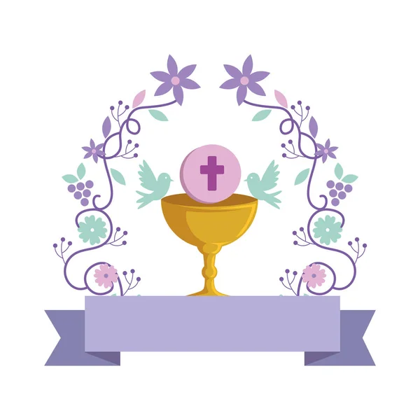 Première communion au calice avec couronne florale — Image vectorielle