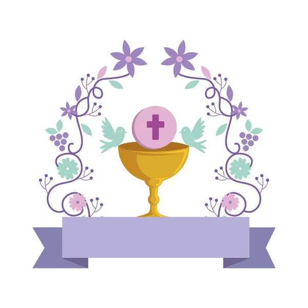 Primera comunión en cáliz con corona floral — Vector de stock