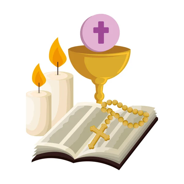 Santa Biblia con cáliz y rosario — Vector de stock