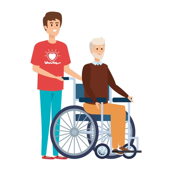 Young man volunteer with old man in wheelchair — 스톡 벡터