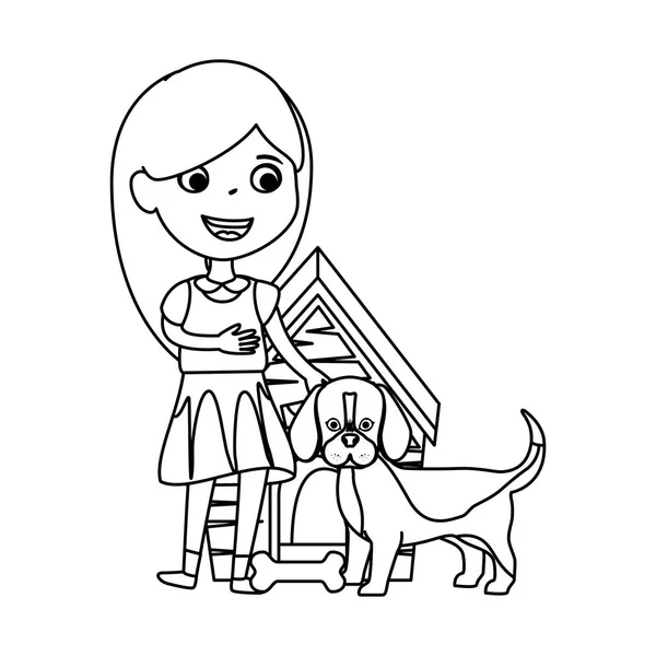 Schattig klein meisje met puppy en houten huis — Stockvector