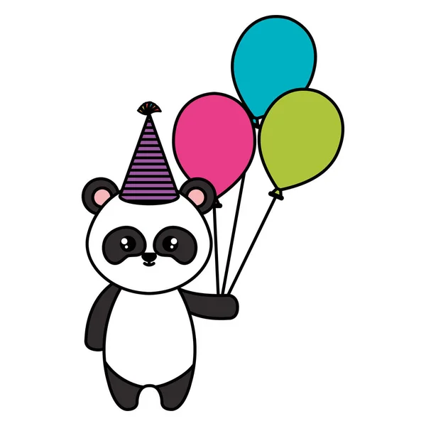 Милый панда медведь в шляпе и воздушных шарах партии — стоковый вектор