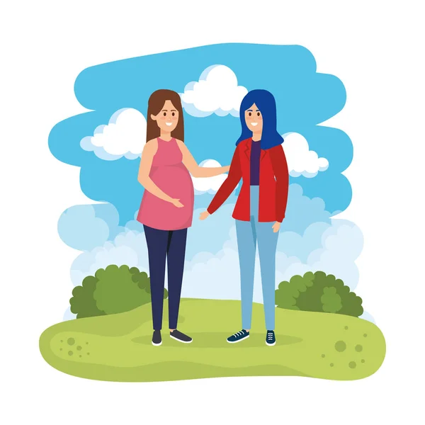 Young pregnancy woman and friend in the landscape — Stock Vector