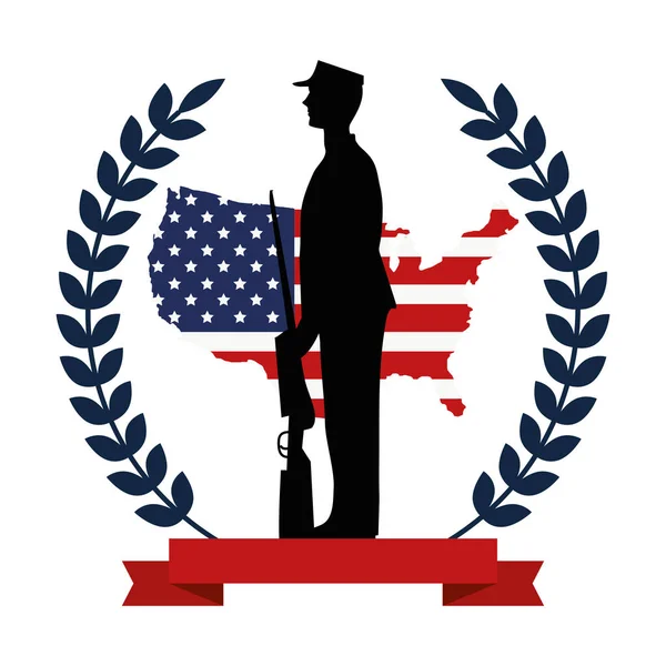 Militaire avec silhouette d'arme avec emblème du drapeau — Image vectorielle