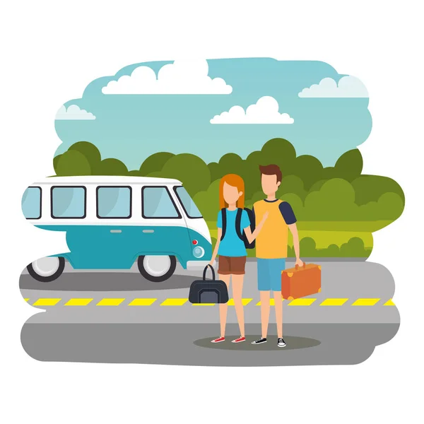 Giovane coppia con valigia in strada — Vettoriale Stock