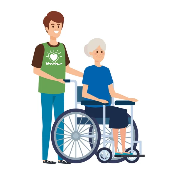 Joven voluntario con anciana en silla de ruedas — Vector de stock