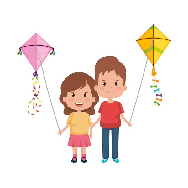 Pareja de niños con vuelo de cometa — Vector de stock