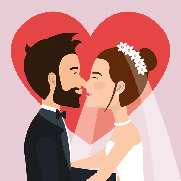 Esküvői szertartás menyasszony és a vőlegény együtt szív háttérben — Stock Vector