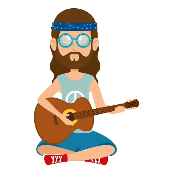 Hippy homem tocando guitarra personagem — Vetor de Stock