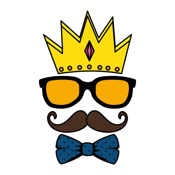 Sunglasses and mustache with bowtie and crown hipster style — Stock Vector
