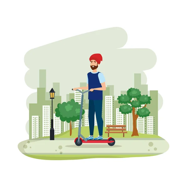 Young man in folding scooter on landscape — Stock Vector