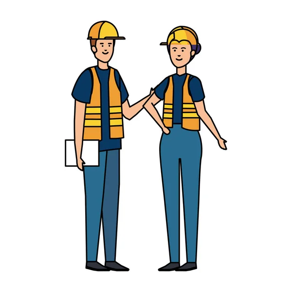 Couple builders workers with helmets — Stock Vector