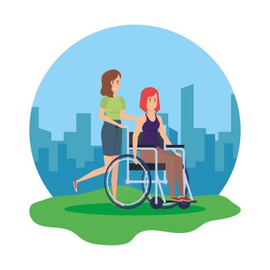 Tekerlekli sandalyedeki kadın ve yardımcı karakter