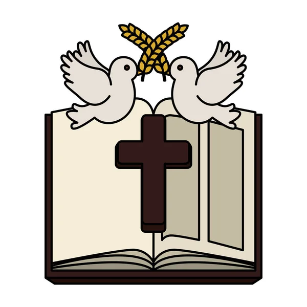 Bíblia sagrada com cruz de madeira e pombas — Vetor de Stock