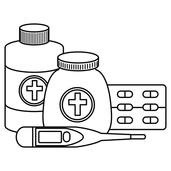 Pílulas drogas com garrafas e termômetro — Vetor de Stock