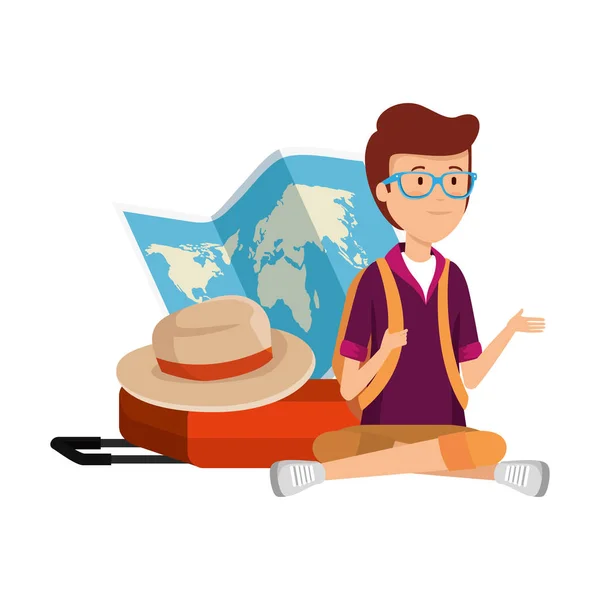 Turista con mapa de papel y sombrero — Vector de stock