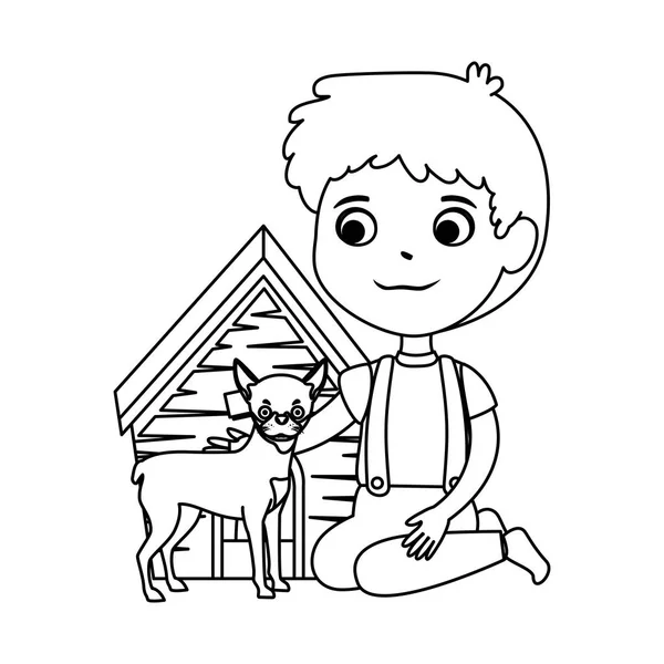 Lindo niño con perro y casa de madera — Archivo Imágenes Vectoriales