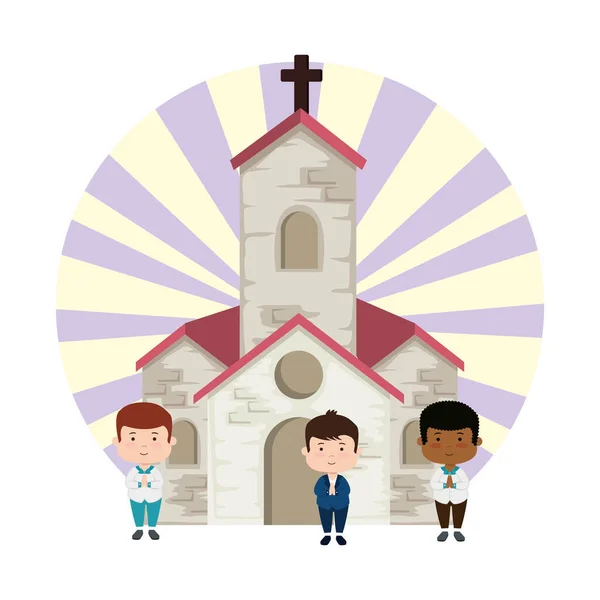 Petits garçons à l'église personnages de première communion — Image vectorielle