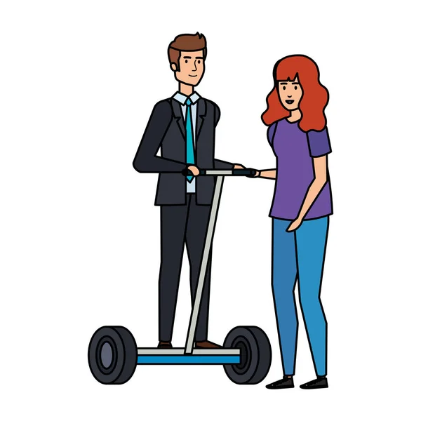 Young couple in folding e-scooter — Stock Vector