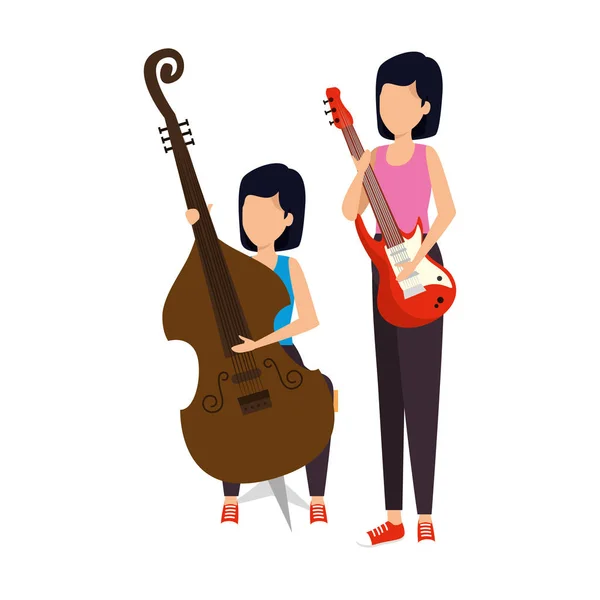 Mulheres tocando violoncelo e personagens de guitarra elétrica — Vetor de Stock