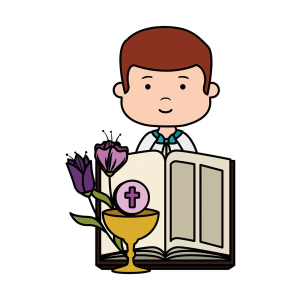Kleiner Junge mit Bibel und Blumen Erstkommunioncharakter — Stockvektor