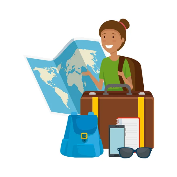 Kağıt harita ve seyahat simgeleri ile turist kadın — Stok Vektör