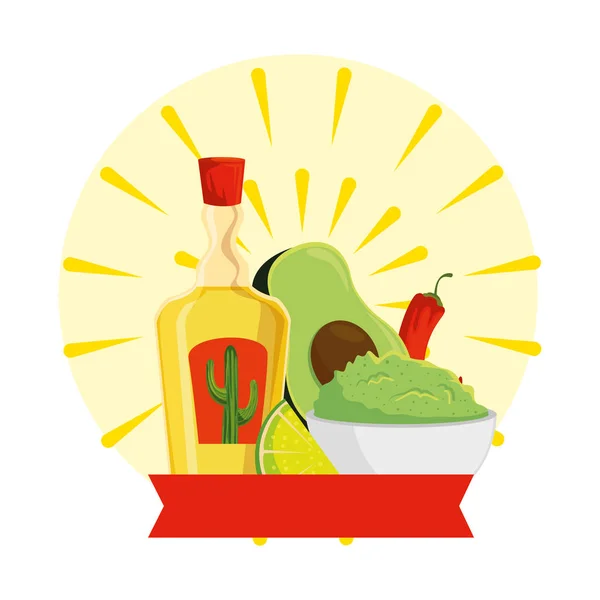 Tequila bottle with guacamole and chili pepper — Stock Vector