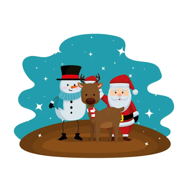 Karácsony Mikulás a rénszarvas és a hóember — Stock Vector