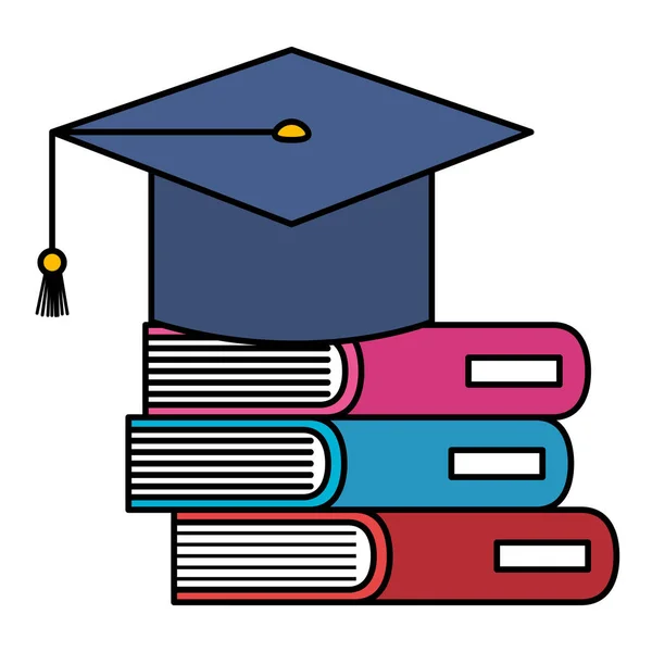 Libros pila de la escuela con sombrero de graduación — Vector de stock