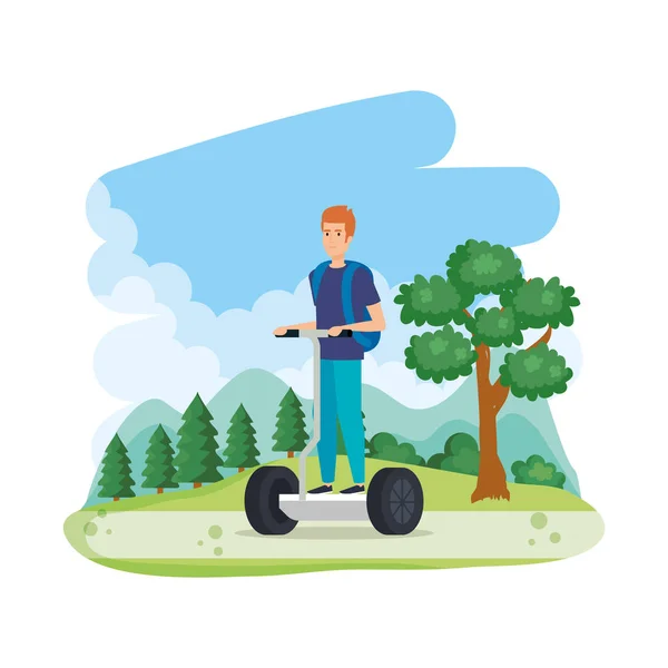 Young man in folding e-scooter on landscape — Stock Vector