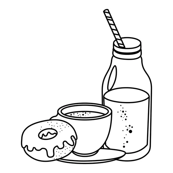 Taza de café y botella de leche con rosquillas dulces — Archivo Imágenes Vectoriales