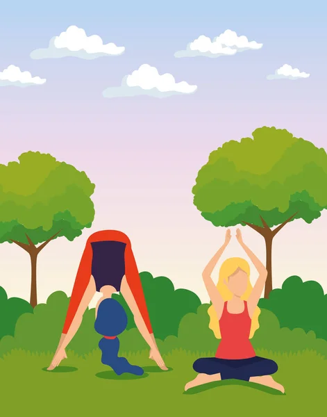 Donne che fanno esercizio di yoga con alberi e cespugli — Vettoriale Stock