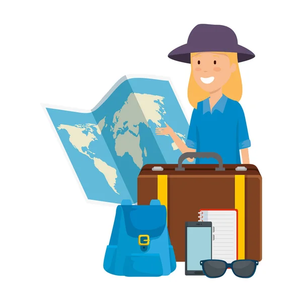 Donna turistica con mappa cartacea e icone di viaggio — Vettoriale Stock